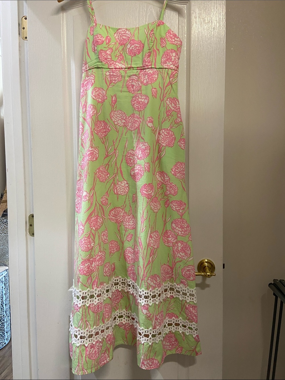 Lilly Pulitzer Green and Pink Floral Maxi dress with Lace Bands